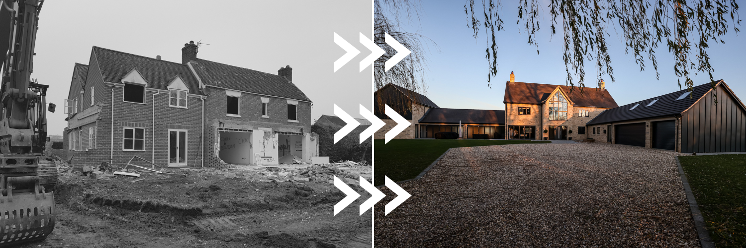 Before and after of Stanton Harcourt, a JPT renovation. From an old brick house to a stunning natural stone, metal cladded home with a large driveway.